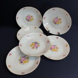 Набор столовых тарелок "Мейсенский букет" 6 шт, фарфор, деколь, позолота. Винтаж Чехословакия.