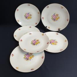Набор столовых тарелок 6 шт Мейсеновский букет, фарфор, деколь, позолота. Винтаж Чехословакия.