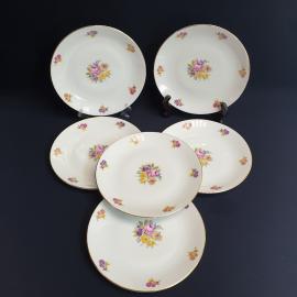 Набор десертных тарелок 6 шт Мейсеновский букет, фарфор, деколь, позолота. Винтаж Чехословакия.