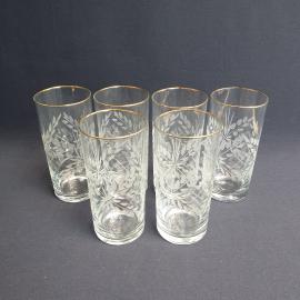 Набор стаканов 6 шт, стекло, ручная резка, позолота, 300 мл. Винтаж, СССР.