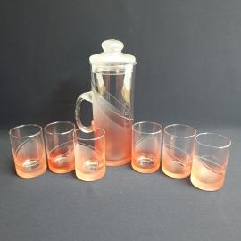Кувшин 1300 мл и 6 стаканов 250 мл, стекло, деколь, сход краски. Винтаж, СССР.