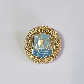 Значок СССР с гербом Костромы, золотые и голубые цвета, редкий дизайн, советский и винтажный.
