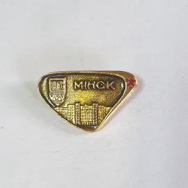 Значок СССР, Минск с гербом, городской вид, золотистый, коллекционный, металл, советский, винтажный.