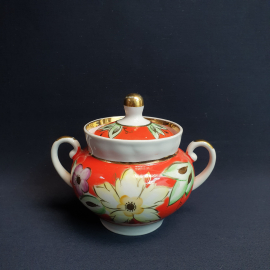 Сахарница "Мальва", Барановка 70-ы г, Диброва, фарфор, крытье, роспись, позолота. Винтаж, СССР.