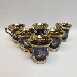 Набор из 6 чашек Феодосийский з-д майолики, керамика кобальт позолота деколь 250 мл, винтаж СССР