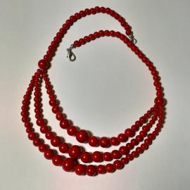 Ожерелье трех уровневое из коралловых бусин, бусы, длина 28 см, есть потертости бусин. Винтаж, СССР.