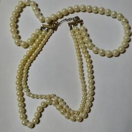 Колье трех слойные имитация жемчуга, длина 23 см, винтаж, Чехословакия.