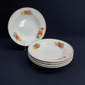 Набор из 5 суповых тарелок Конаково, фаянс деколь позолота 235 мм, скол, винтаж СССР