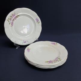 Набор из 4 десертных тарелок Сирень ф-ка им. Калинина, фаянс 20 см, дефекты винтаж Ранние Советы