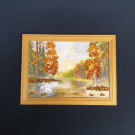 Картина из янтаря, Осенняя река (с янтарной крошкой), размер 23х17 см, винтаж СССР