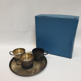 Винтажный набор 3 чашки 50 мл на подносе СССР. МНЦ, глубокое посеребрение. Коньячный набор с ручками