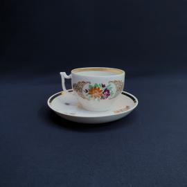 Чайная пара Вербилки 200 мл, рельефный фарфор, деколь, позолота, винтаж СССР.