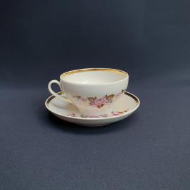 Чайная пара Дулево 200 мл, фарфор, деколь, позолота, винтаж СССР