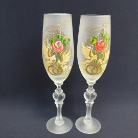 Пара свадебных бокала 25 см 260 мл, матовое стекло, ручная роспись. Винтаж.