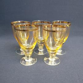 Набор рюмок 5 шт 60 мл, цветное стекло, позолота, высота 9 см. Винтаж, СССР.