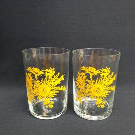 Пара стаканов 250 мл, стекло, деколь, высота 9 см. Винтаж, СССР.