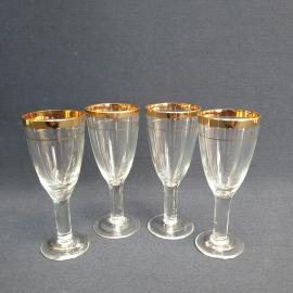 Набор рюмок 4 шт 30 мл, стекло, позолота, 10 см. Винтаж, СССР.