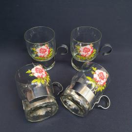 Набор стаканов с металлическими подстаканниками 4 шт, Стекломаш Орел, деколь, 250 мл. Винтаж, СССР.