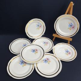 Набор десертных тарелок 8 шт Чайка, фаянс, деколь, позолота. Винтаж СССР