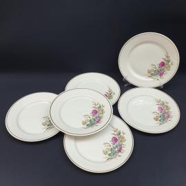 Набор пирожковых тарелок 6 шт Богдановичи, фарфор, деколь, позолота. Винтаж СССР