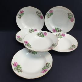 Набор суповых тарелок 6 шт, фарфор, деколь, позолота. Винтаж Китай.