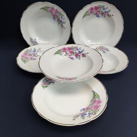 Набор суповых тарелок 6 шт Коростень, фарфор, деколь, позолота. Винтаж СССР