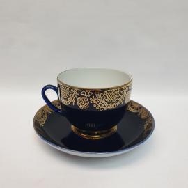 Чайная пара ЛФЗ, фарфор, кобальтовое крытье, позолота, 250 мл. Винтаж СССР