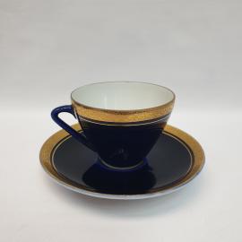Кофейная пара ЛФЗ, фарфор, кобальтовое крытье, позолота, 150 мл. Винтаж СССР