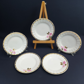 Набор десертных тарелок 5 шт Вербилки, фарфор, деколь, позолота. Винтаж СССР.