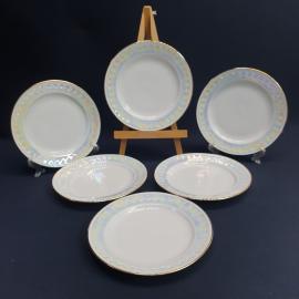 Набор десертных тарелок 6 шт Дулево, фарфор, перламутр, позолота. Винтаж СССР