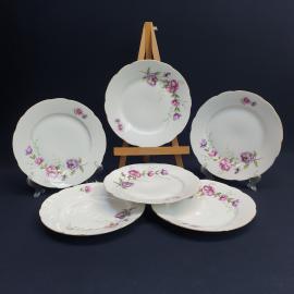 Набор десертных тарелок 6 шт, фарфор, деколь, позолота. Винтаж Чехословакия