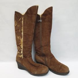 Винтажные замшевые женские сапоги Эконика на платформе из меха лисы и цигейки, вышивка.