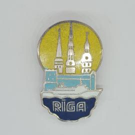 Значок СССР Рига с изображением зданий и корабля, советский и винтажный