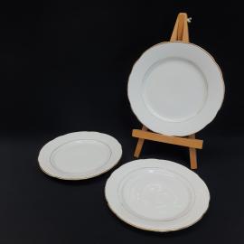 Винтажный набор пирожковых тарелок 3 шт Богемия, Чехословакия, фарфор, позолота.