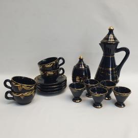 Редкий винтажный кофейный сервиз Восточный 15 предметов, обливная керамика Кобальт с позолотой, СССР