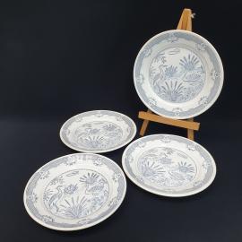 Винтажный набор Цапли из 4 столовых тарелок, Будянский ФЗ, фаянс, деколь, СССР