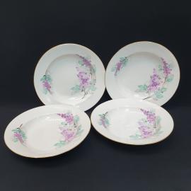 Винтажный набор суповых тарелок Сирень 4 шт, Дулево, фарфор, деколь, позолота, СССР.