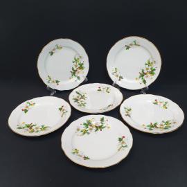 Винтажный набор десертных тарелок Ягодки 6 шт с хранения, Дулево, фарфор, деколь, позолота, СССР.