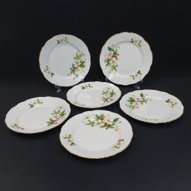 Винтажный набор пирожковых тарелок Ягодки 6 шт с хранения, Дулево, фарфор, деколь, позолота, СССР