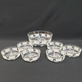 Винтажный набор посуды большой салатник и 6 маленьких, стекло, золочение, Италия