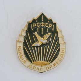 Значок СССР РСФСР юный друг природы, зелёный лучистый щитик с летящей птицей, советский и винтажный