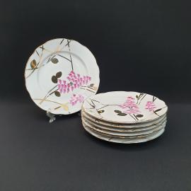 Винтажный набор из 7 десертных тарелок Сирень Дулево, фарфор роспись золочение 195 мм, Россия