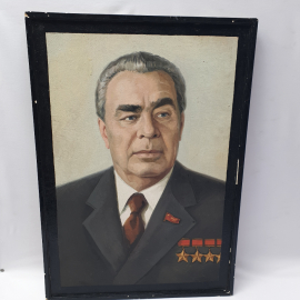 Винтажная картина Л.И.Брежнев, холст, масло, 47х67 см, следы времени СССР.