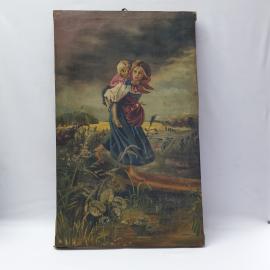 Винтажная картина Дети бегущие от грозы, холст, масло, 43х70 см, без рамки СССР.