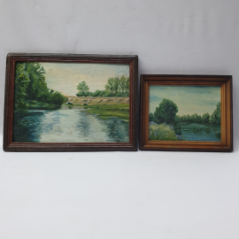 Набор из 2 Винтажных картин Пляж у реки и река в полдень , холст, масло, 33х46 см. А.Мельник.СССР.