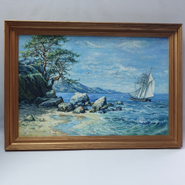 Винтажная картина Парусник у морского бергеа, холст, масло, 47х67 см. СССР.