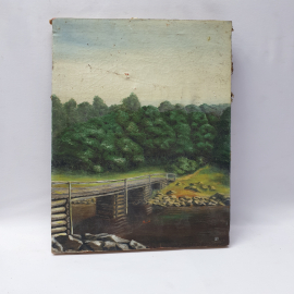 Винтажная картина Мост через реку, холст, масло, 37х47 см., без рамки СССР.