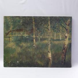 Винтажная картина Березовая роща, холст, масло, 53х70 см, следы времени, без рамкиСССР.