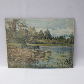 Винтажная картина Река в лесу, фанера, 25х35 см, без рамки СССР.