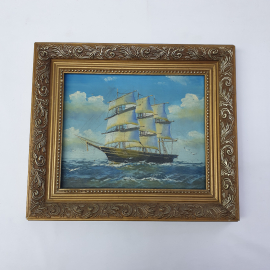 Винтажная картина Парусник, холст, масло, 30х35 см.